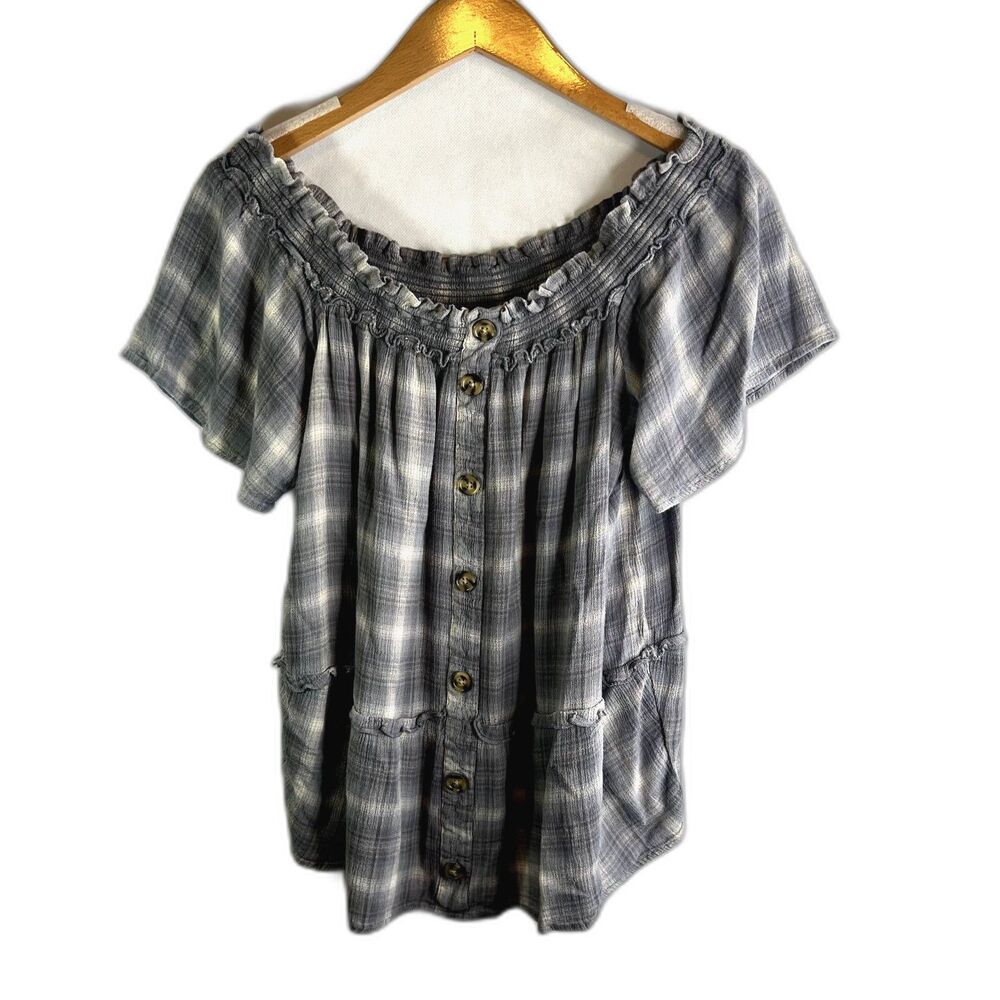 Maurices Blouse Off Shoulder Plaid Boho Summer Feminine Cottage Core Size Large